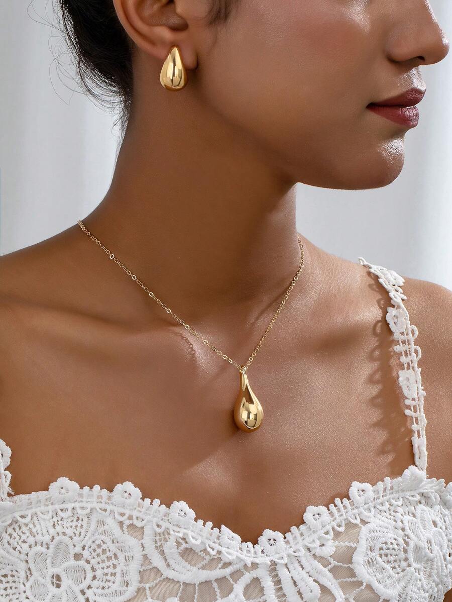 2pcs Women Fashion Minimalist Teardrop Pendant Necklace & Earrings Jewelry Set, Gift