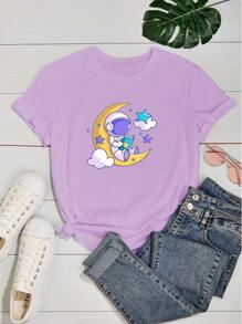 Women's Babylook T Shirt 100% Cotton Cute Astronaut Sitting On The Moon Reading Book Good Night - 紫色 - 查看 2