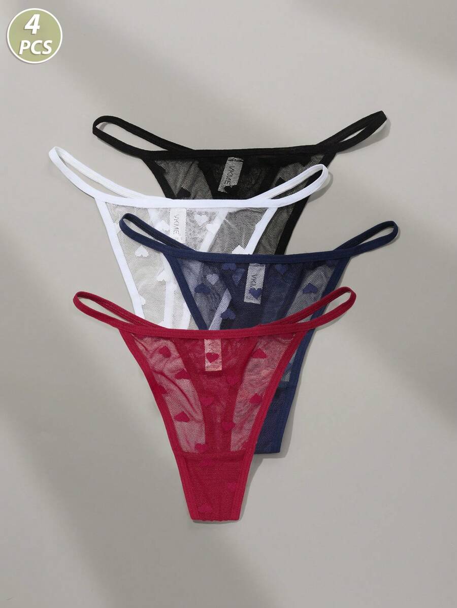 Conjunto de 4 peças de lingerie fio dental de malha transparente e sólida com coração - Multicolorido - Ver 1