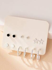 1 对经典时尚优雅学院风透明宝石装饰心形和叶形 6 对小耳钉和环状耳环套装送给女性的礼物，适合日常佩戴和珠宝收藏情人节 - 銀色 - 查看 21