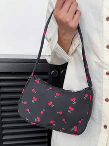 2024 New Black Handbag For Women, Fashion Cherry Print Pattern, Lightweight Versatile Shoulder Bag, Fresh Look Underarm Bag - Black - View 6