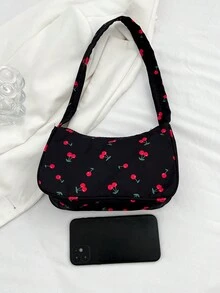 2024 New Black Handbag For Women, Fashion Cherry Print Pattern, Lightweight Versatile Shoulder Bag, Fresh Look Underarm Bag - Black - View 4