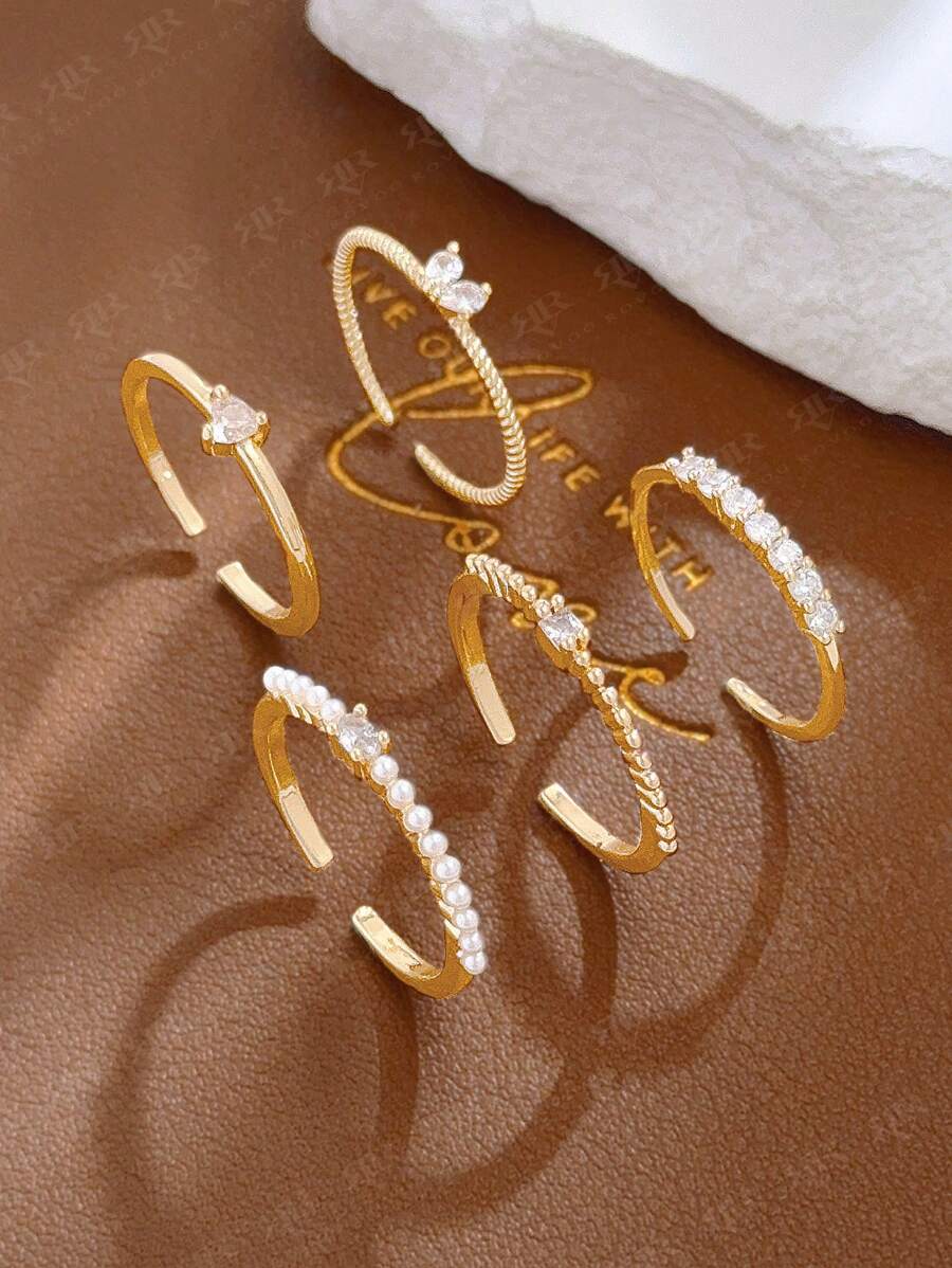5pcs Elegant Minimalist Luxurious CZ & Faux Pearl Heart Decor Fashion Ring Set For Women Valentines,Mom,Mother,Mother's Day,Gift - Yellow Gold - View 1