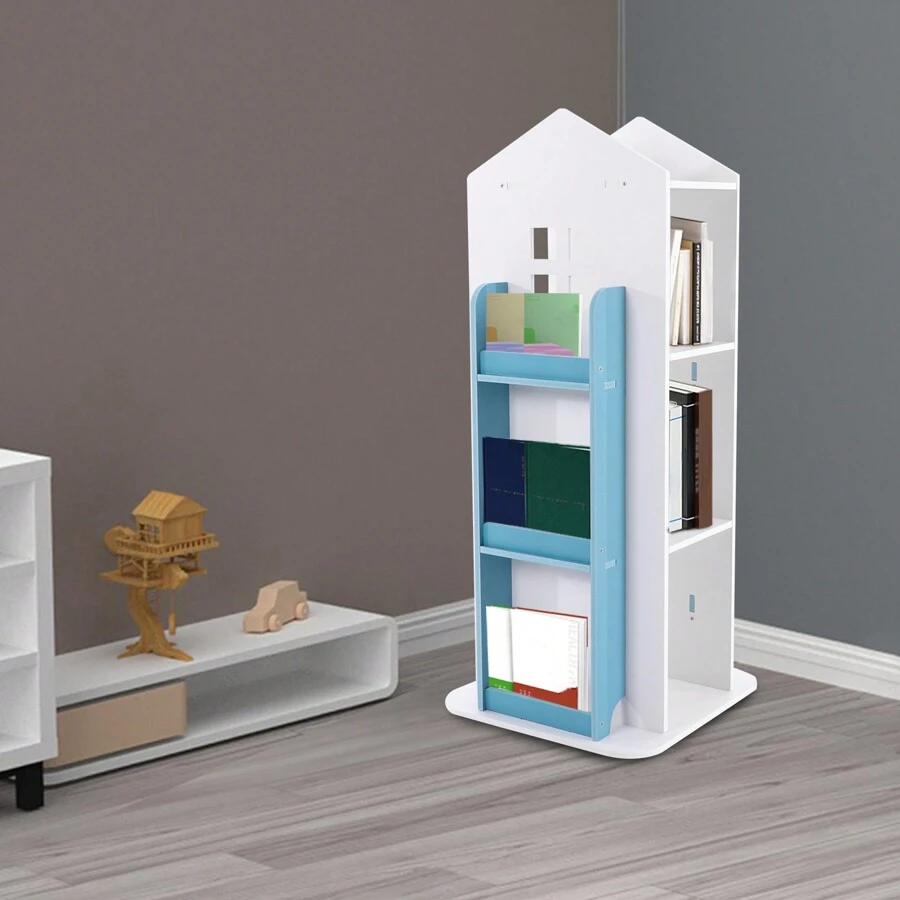 Bookcase 360° Rotating Bookshelf Multifunctional Bookcase Solid Wood 4 Tiers Home Design Corner Bookshelf For Kids Suitable For Living Room And Children's Library - 藍色 - 查看 1
