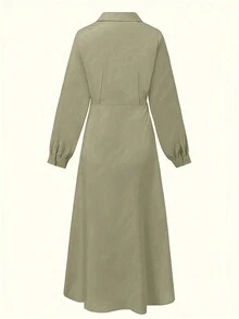 Women's Elegant Long Formal Solid Color Belted Dress - Lime Green - View 4