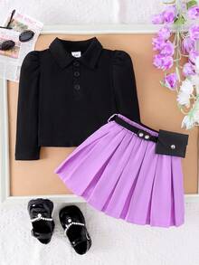 2 piezas Conjunto de blusa con cuello elegante y falda para niñas pequeñas, ligero para primavera/otoño - Negro - Ver 3