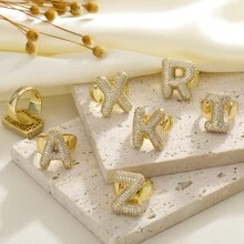 1 chiếc nhẫn hở 26 chữ cái tiếng Anh thời trang phong cách đơn giản châu Âu và Mỹ màu vàng đồng đá Cubic Zirconia Rhinestone hiệu ứng 3D - Vàng - Xem 6