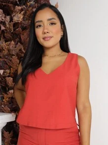 Women's Linen Blouse Tailored Tank Top Summer Plain Side Detail - Màu Cam cháy - Xem 1