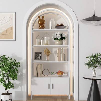 Arched Book Shelf, Bookcase With Doors Storage, 180cm Tall Bookshelf With Sturdy Metal Frame, E1 Quality Boards, Freestanding Display Shelving Unit Living Room