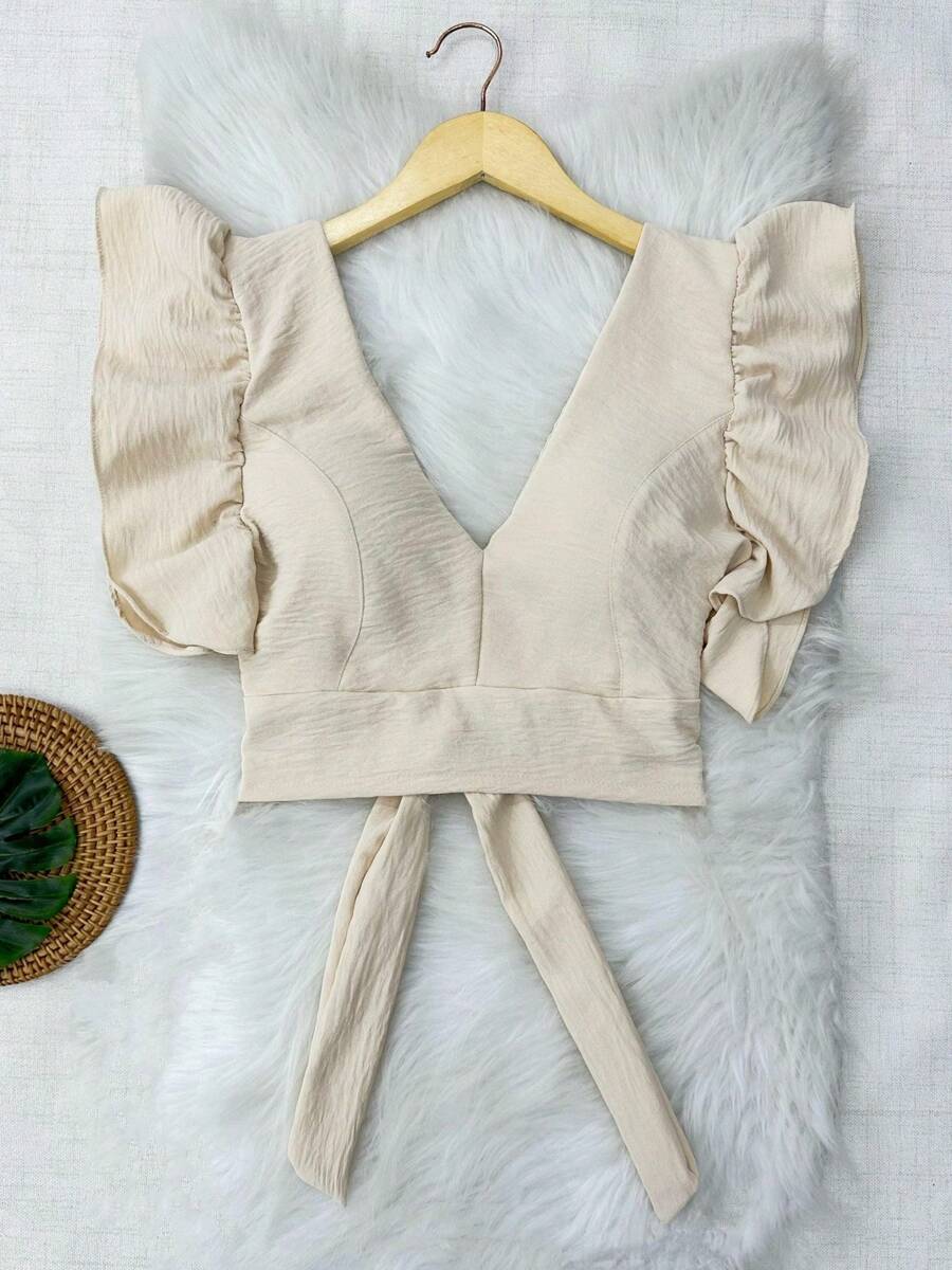 Cropped Blouse With Padding And Tied At The Back, Women's Fashion - Beis - Ver 1