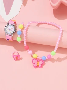 4pcs Girls' Pink Silicone Strap Quartz Watch With Cute Style Set, Including Beaded Butterfly Pattern Necklace, Bracelet And Ring, Suitable For 5-12 Years Old