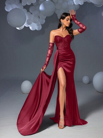 Faeriesty 优雅露肩紧身胸衣晚礼服，高开衩，配有可拆卸歌剧手套——迷人的轮廓，不对称侧垂设计，适合红毯盛典、正式婚礼、奢华周年纪念派对、正式慈善活动、派对礼服、婚礼嘉宾