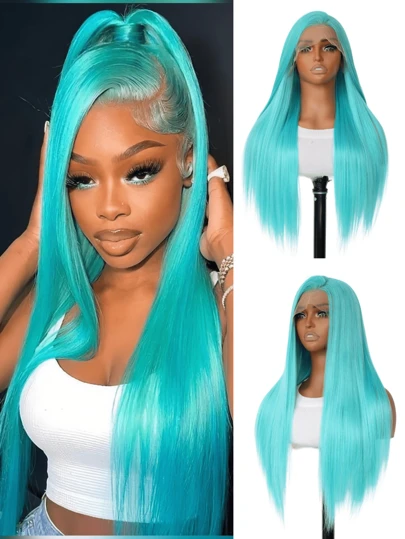 SALLYWELL Peluca sintética de encaje frontal de 24 pulgadas en color azul menta, cabello liso y recto, estilo de moda para mujeres; Peluca de encaje frontal verde menta de 13x4 de alta definición, línea del cabello previamente recortada
