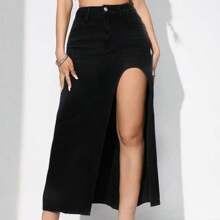 Long Denim Skirt With Slit - 黑色 - 查看 3