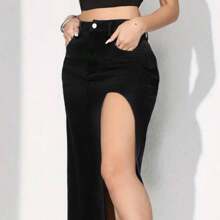 Long Denim Skirt With Slit - 黑色 - 查看 2