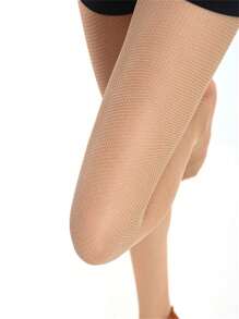 Medias de rejilla ajustadas y elásticas de estilo latino sexy y a la moda, con punta abierta, en negro/marrón/tono de piel, talla grande, con parte inferior transparente de rejilla - Beis - Ver 1