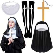 Conjunto de disfraz de monja, incluye medias altas de monja con collar para disfraz de Halloween, disfraz de fiesta de fantasía para mujeres, accesorios de vestuario