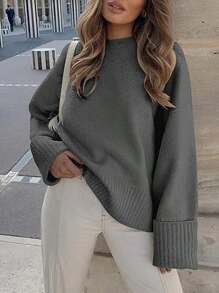 Women's Oversized Crewneck Long Sleeve Fuzzy Knit Casual Chunky Warm 2024 Fall Winter Pullover Sweaters Top Outfits - 深灰色 - 查看 3