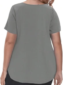 大码女式撞色休闲运动T恤，舒适百搭，经典优雅畅销款，适合夏季日常穿着 - 深灰色 - 查看 3
