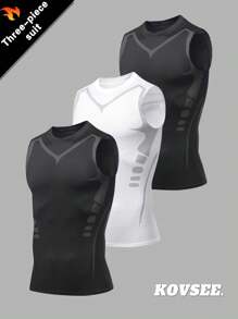KOVSEE Set de 3 tops de compresión transpirables y elásticos, camisetas deportivas que absorben la humedad, tops tipo tank para hombres con estilo boyfriend