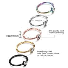 1pc G23 Titanium Low Allergy Cubic Zirconia C-Shape Nose Ring 20G Thin Nose Septum Ring, 18K Gold Plated Cartilage Helix Tragus Earring, 8mm Black Ear Lobe Earring, Unisex Body Piercing Jewelry - N041 - View 2