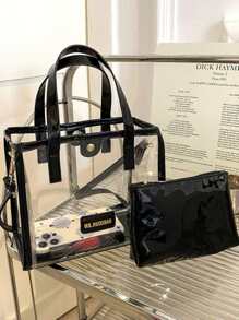 Womens Clear Tote Bags Set Mini Casual Transparent Shoulder Crossbody Bags Shopping Commuter Bags - 黑色 - 查看 6