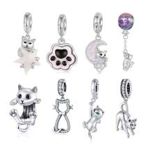 bamoer 1 PC 925 Sterling Silver Cute Cat Star Pendant Flying Balloon Cat Pet Paws Charms Beads Fit Women Girl DIY Bracelet Fine Jewelry