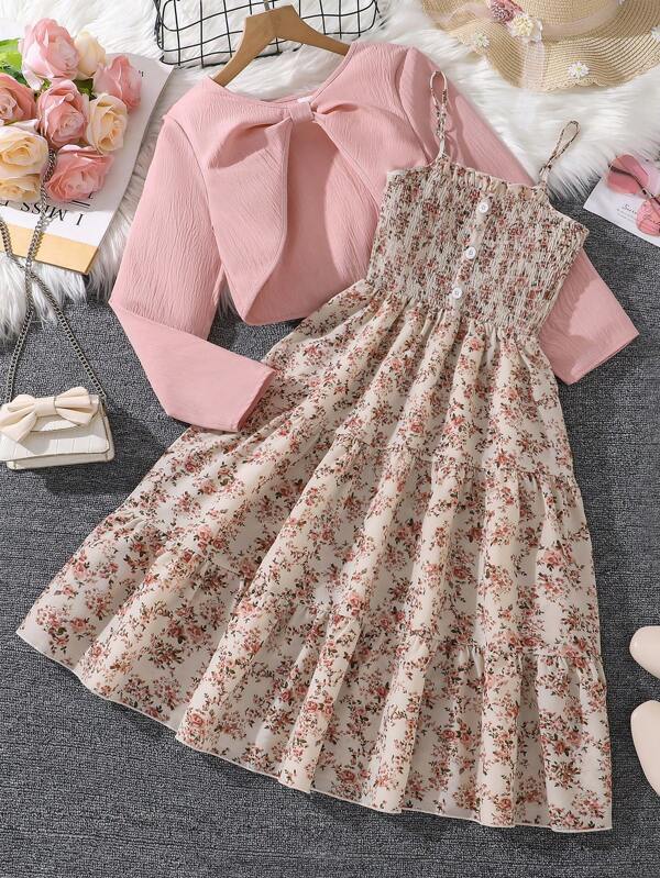 Left Mama Tween Girl Floral Long Sleeve Top And Slip Dress Set, Spring Autumn