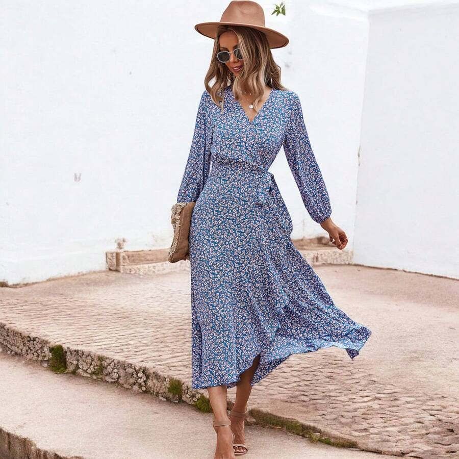 Floral Print Wrap Midi Dress - 藍色 - 查看 1