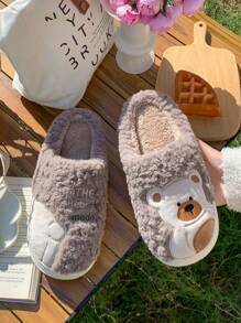 Warm Plush Bear Slippers For Women, Non-Slip Indoor Home Slippers, Fuzzy Slippers For Men In Winter