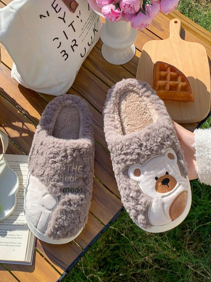 Warm Plush Bear Slippers For Women, Non-Slip Indoor Home Slippers, Fuzzy Slippers For Men In Winter