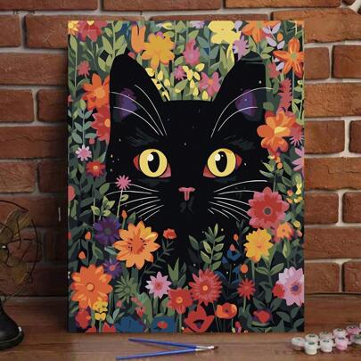Diy Paint-By-Numbers Kit - Cute Black Cat & Floral Bouquet, Frameless Acrylic Canvas Painting, 15.7X19.7 Inches - Perfect For Home Decor & Gifts