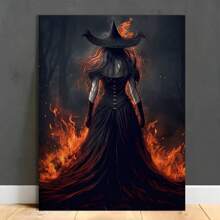 1 Pc Wooden Framed Fire Witch In Rage Dark Vintage Wall Art Print Dark Surreal Fire Witch Pub Coffee Bar Cafe Cave Home Hotel Halloween Gifts (Framed) - 16*24inch/40*60cm Framed - View 1