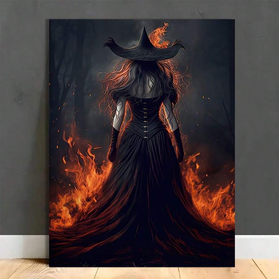 1 Pc Wooden Framed Fire Witch In Rage Dark Vintage Wall Art Print Dark Surreal Fire Witch Pub Coffee Bar Cafe Cave Home Hotel Halloween Gifts (Framed) - 16*24inch/40*60cm Framed - View 1