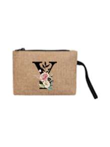 2 件/套简约花朵首字母 A-Z 印花亚麻手提包，粉色流苏，亚麻包，包括一个手提包和一个零钱包，简约旅行包，化妆品钱包，大容量旅行化妆包日常使用、约会、生日、度假、返回学校、度假、海滩、旅行、通勤、商务、学生、野餐、露营、超市、日常收纳，（小包手带方向随机），圣诞节最佳教师礼物 - 卡其色 - 查看 16