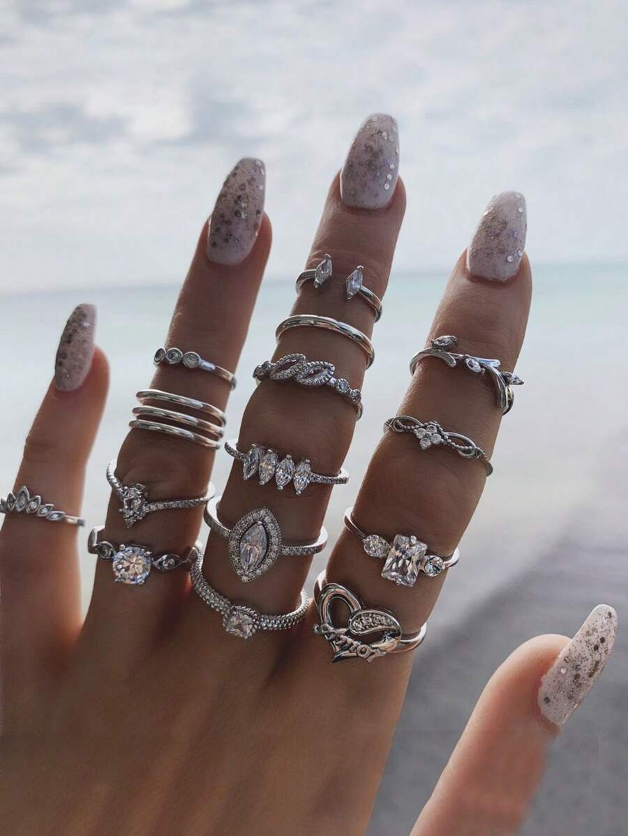 15 件/套开口戒指镂空心形水钻首饰戒指套装情人节、妈妈、母亲、母亲节、礼物