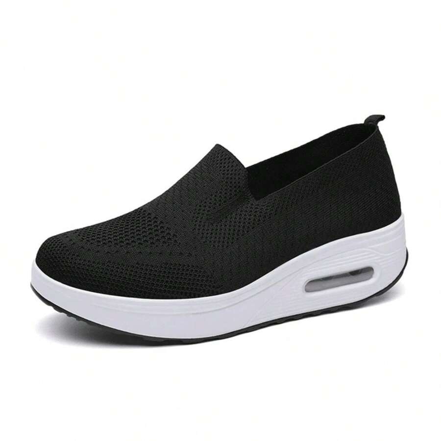 Women's Breathable Lightweight Mesh Upper Slip-On Sneakers,Women's Casual Slip-On Flats Comfortable Breathable Sports Shoes,Versatile Design,Scalloped Trim Slip-On Shoes,Women's Casual Sports Shoes,Black Solid Color Slip-On Fan-Shaped Design