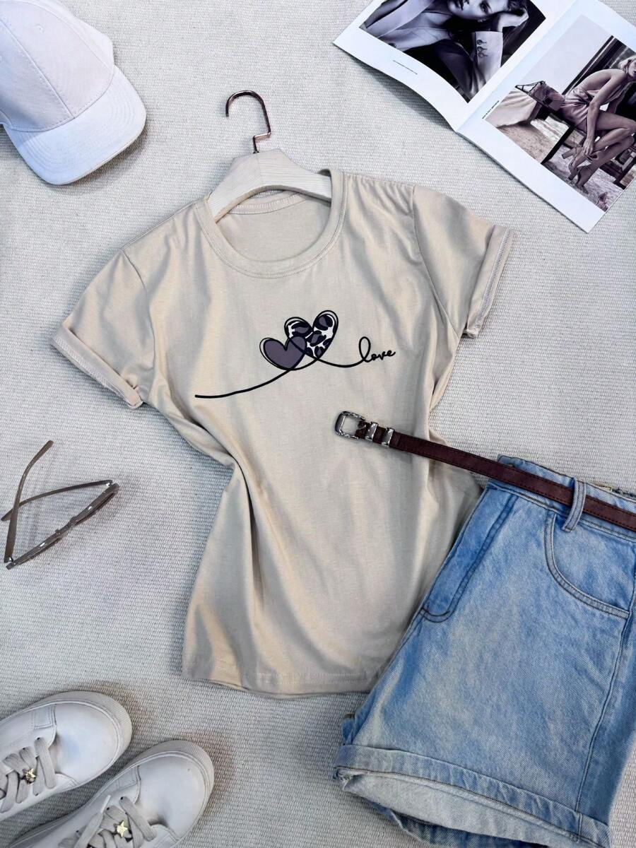 Two Hearts Women's Baby Look Blouse - 100% Cotton T-Shirt - 米色 - 查看 1