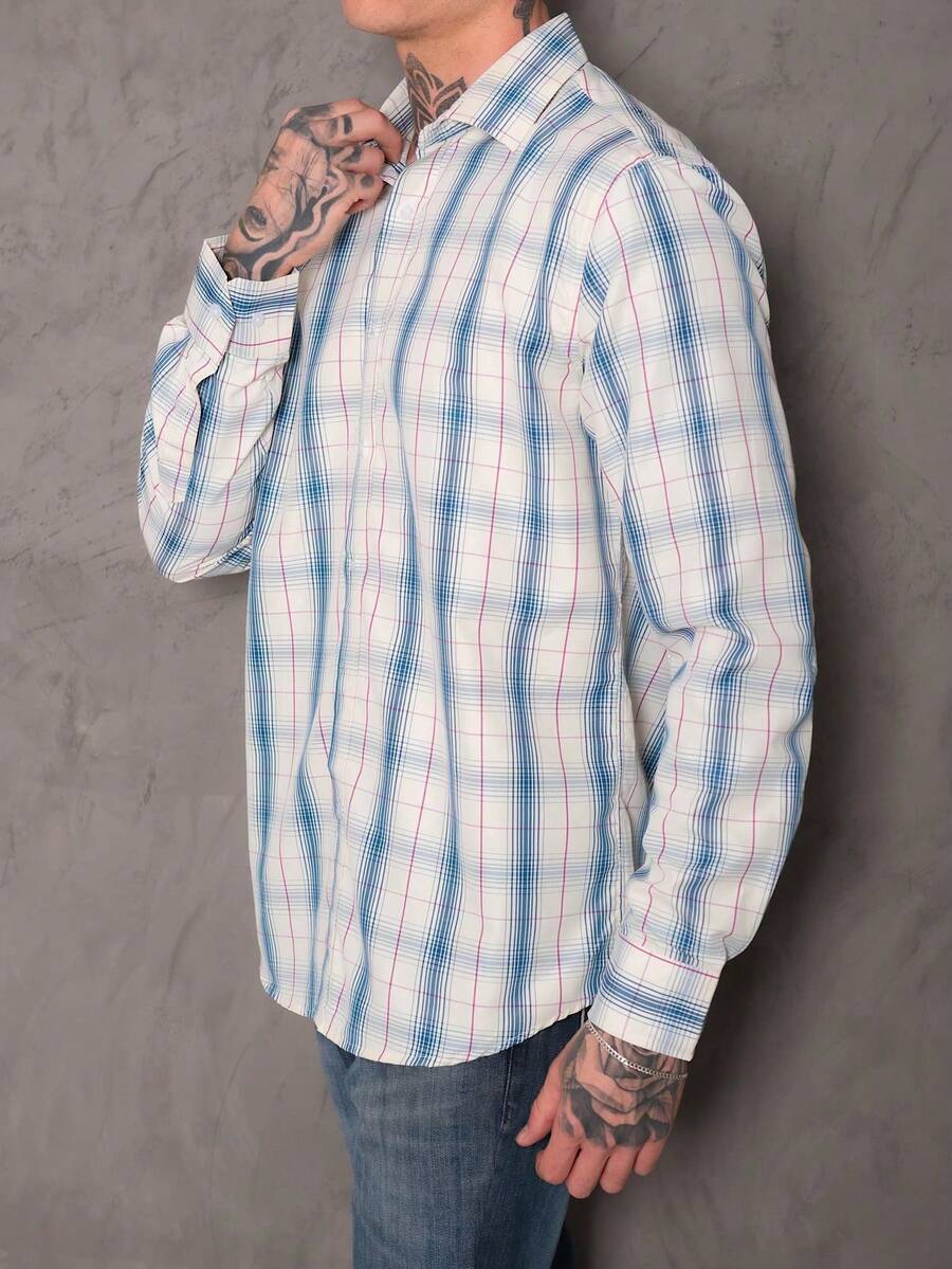 2024 New Style Men's Plaid Long Sleeve Shirt - 藍白色 - 查看 1