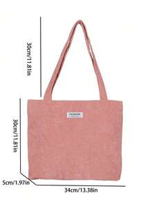Túi Tote nhung kẻ trơn màu mới giản dị, Túi đeo vai học sinh chắc chắn, Túi mua sắm dung tích lớn - Hồng - Xem 4
