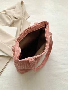 Túi Tote nhung kẻ trơn màu mới giản dị, Túi đeo vai học sinh chắc chắn, Túi mua sắm dung tích lớn - Hồng - Xem 5