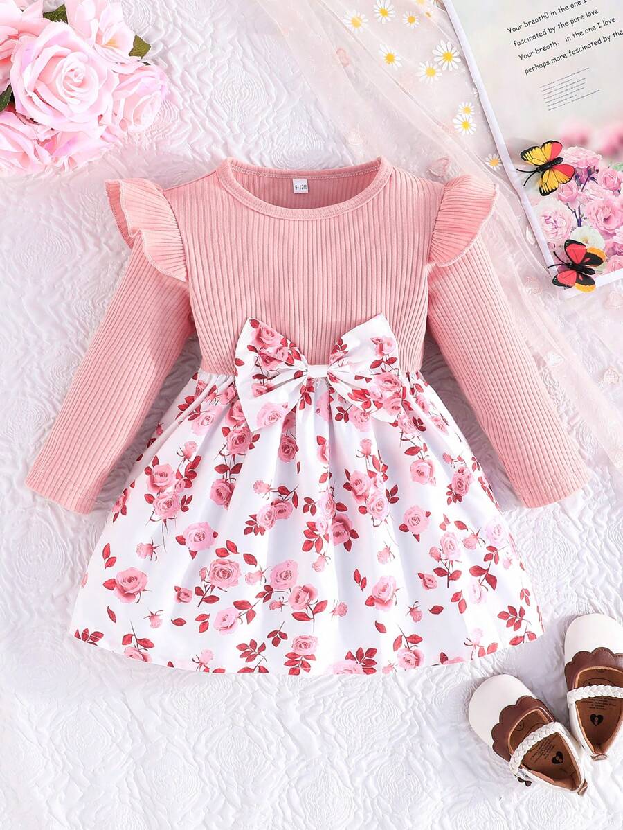 2 peças Vestido de Manga Longa com Laço Decorativo e Estampa de Listras e Rosas, Elegante para Meninas, Verão - Rosa chiclete - Visão 1