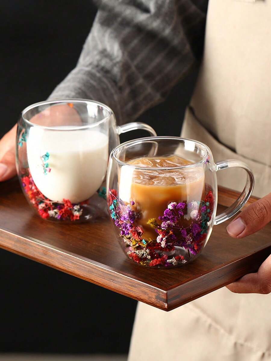 1 件真花玻璃杯带手柄，高品质创意家居咖啡杯 - 彩色 - 查看 1