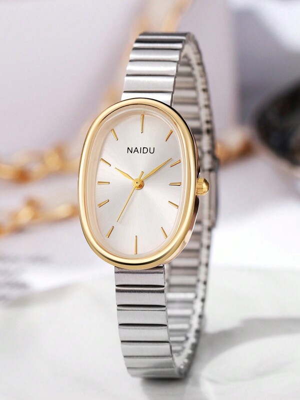 ساعة يد بتصميم أنيق من الصلب والخيزران بعقارب أنيقة بطراز القياس البيضاوي، مناسبة كهدية أعياد الميلاد وعيد الهالوين، قطعة واحدة