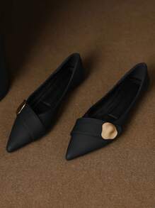 Women's Flat Shoes With Metal Buckle Decor, Pointed Toe Soft Bottom Loafers, Hidden Wedge, Versatile Soft Leather Slip-On Comfortable Shoes, New 2026 Collection - Black - View 3