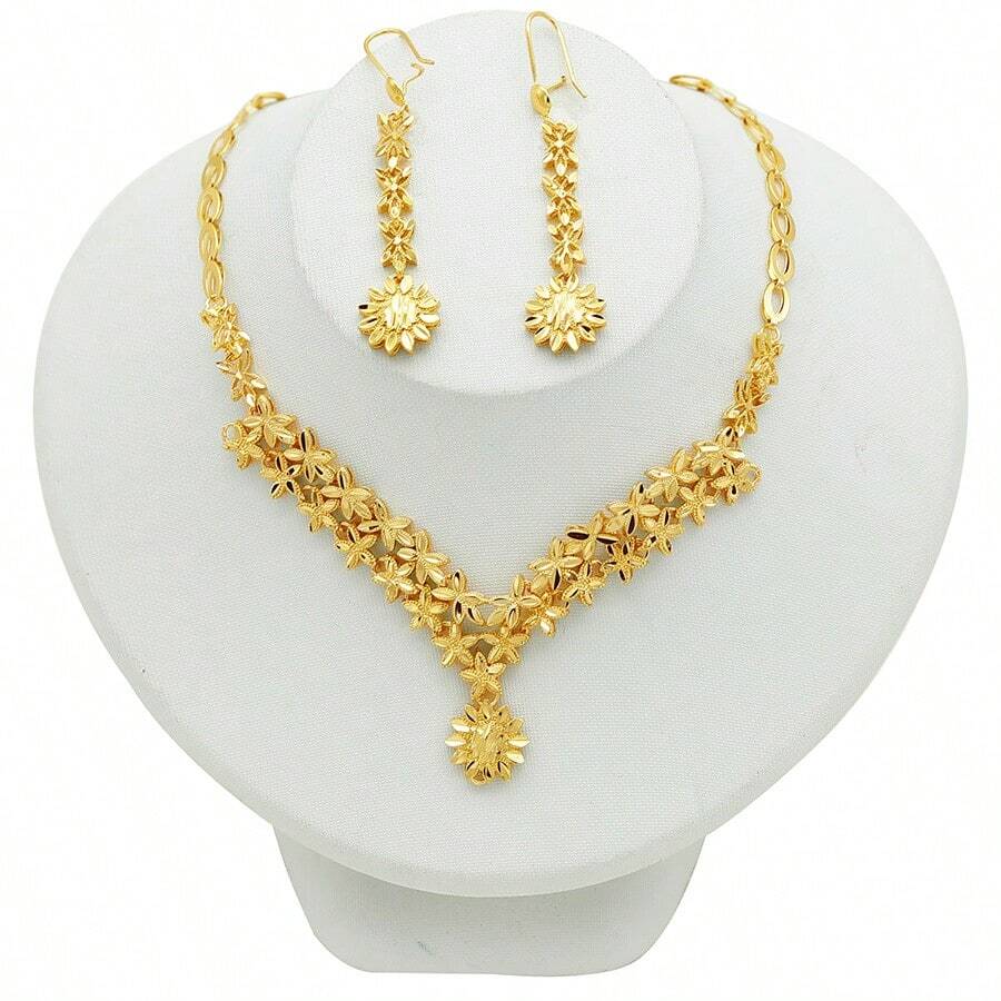 1 set 2 piezas pendientes + 1 pieza collar, chapado en oro de 18K de cobre, regalo de boda elegante de Dubai para damas