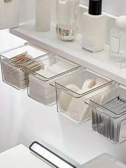 4pcs/2pcS/1pc 壁挂式收纳盒，塑料收纳盒，化妆品收纳盒，杂物收纳盒，镜子抽屉式收纳盒 - 透明可调节拉出式整理器，适用于浴室清洁棉签、口红、头带和化妆垫，浴室配件整理器，浴室抽屉式整理器，适用于假日海滩、浴室收藏、卧室收藏，大容量