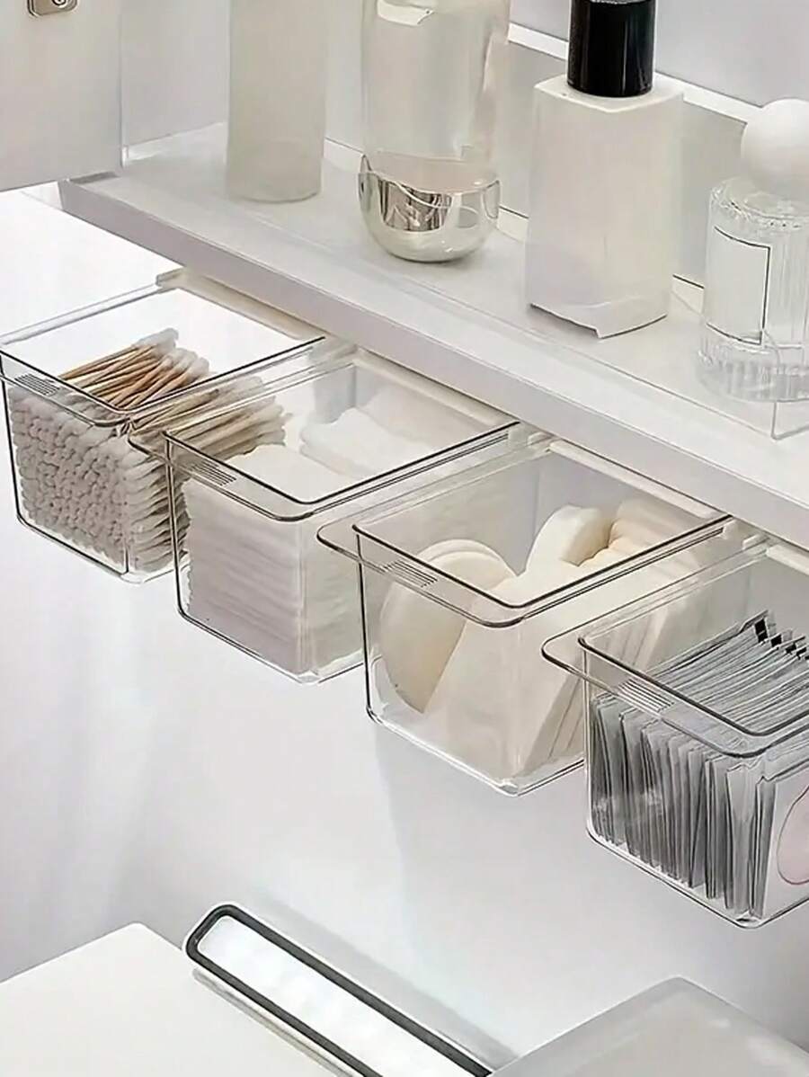 4pcs/2pcS/1pc Wall Mounted Storage Box, Plastic Storage Box, Cosmetics Storage Container, Miscellaneous Storage Box, Mirror Drawer Storage Box - Transparent Adjustable Pull-Out Organizer, Suitable For Bathroom Cleaning Swabs, Lipstick, Headband And Makeup Pads, Bathroom Accessories Organizer, Bathroom Drawer Organizer, For Holiday Beach, Bathroom Collection, Bedroom Collection, Large Capacity,Makeup Bag,Travel Essential
