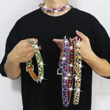豹纹特别时尚酷仙女一排钻水钻女生项圈女士男士锁骨链饰品礼物Y2k风格夜店 - 彩色 - 查看 3