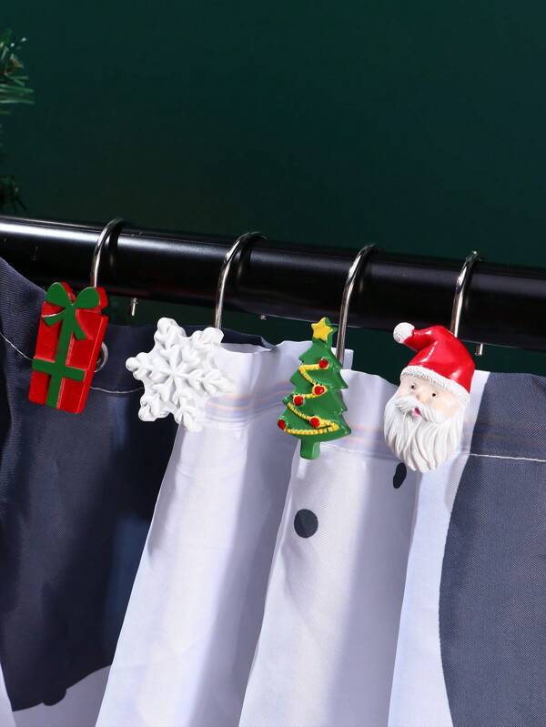 12Pcs Christmas Shower Curtain Hooks 4 Designs Xmas Decorative Curtain Hanger Hooks Santa Xmas Tree Snowflake Snowman Gift Curtain Rod Rings For Bathroom Holiday Ornament Supplies Home Bathroom Decor Summer
